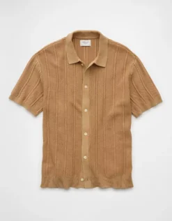 AE Weekend Washed Button-Up Sweater Polo Shirt Khaki -American Eagle Fashion 1148 2038 212 f
