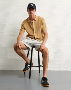 AE Weekend Washed Button-Up Sweater Polo Shirt Khaki