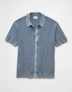 AE Weekend Washed Button-Up Sweater Polo Shirt Navy -American Eagle Fashion 1148 2038 410 f