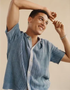 AE Weekend Washed Button-Up Sweater Polo Shirt Navy