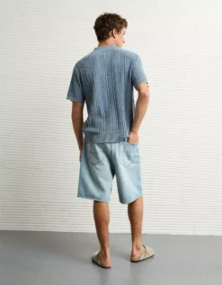 AE Weekend Washed Button-Up Sweater Polo Shirt Navy -American Eagle Fashion 1148 2038 410 ob