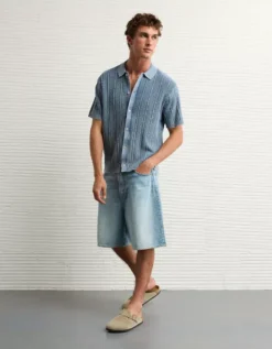 AE Weekend Washed Button-Up Sweater Polo Shirt Navy -American Eagle Fashion 1148 2038 410 os