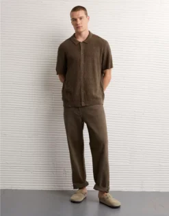 AE Weekend Button-Up Sweater Polo Shirt Olive