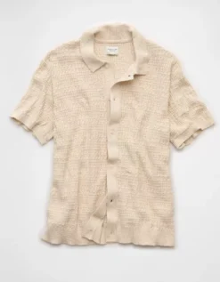 AE Weekend Button-Up Sweater Polo Shirt Oatmeal Heather -American Eagle Fashion 1148 2049 864 f