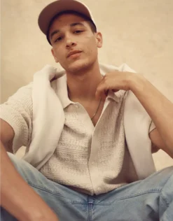 AE Weekend Button-Up Sweater Polo Shirt Oatmeal Heather