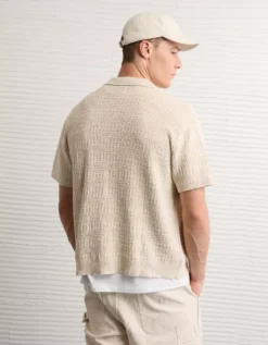 AE Weekend Button-Up Sweater Polo Shirt Oatmeal Heather -American Eagle Fashion 1148 2049 864 ob