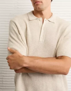 AE Pique Sweater Polo Shirt Oatmeal Heather -American Eagle Fashion 1148 2051 864 d2