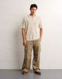 AE Pique Sweater Polo Shirt Oatmeal Heather -American Eagle Fashion 1148 2051 864 os