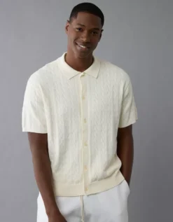 AE Weekend Cable Knit Button-Up Sweater Polo Shirt Cream -American Eagle Fashion 1148 2086 106 os