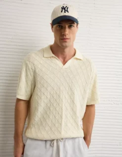 AE Weekend Cable Knit Sweater Polo Shirt Cream -American Eagle Fashion 1148 2092 106 os