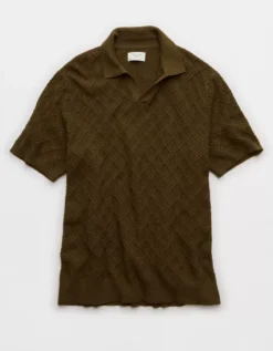 AE Weekend Cable Knit Sweater Polo Shirt Olive -American Eagle Fashion 1148 2092 309 f