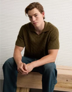 AE Weekend Cable Knit Sweater Polo Shirt Olive