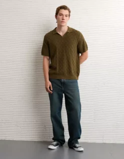 AE Weekend Cable Knit Sweater Polo Shirt Olive -American Eagle Fashion 1148 2092 309 os