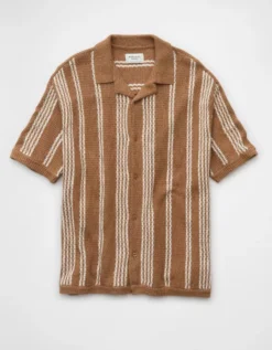 AE Weekend Striped Button-Up Sweater Polo Shirt Tan -American Eagle Fashion 1148 2106 207 f