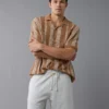 AE Weekend Striped Button-Up Sweater Polo Shirt Tan