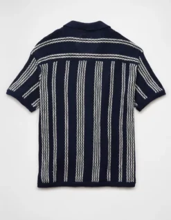 AE Weekend Striped Button-Up Sweater Polo Shirt Navy -American Eagle Fashion 1148 2106 410 b