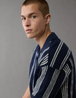 AE Weekend Striped Button-Up Sweater Polo Shirt Navy -American Eagle Fashion 1148 2106 410 d2