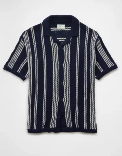 AE Weekend Striped Button-Up Sweater Polo Shirt Navy -American Eagle Fashion 1148 2106 410 f