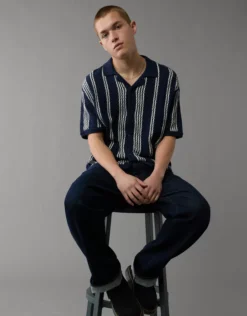 AE Weekend Striped Button-Up Sweater Polo Shirt Navy