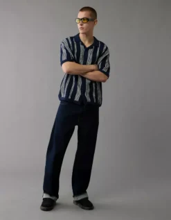 AE Weekend Striped Button-Up Sweater Polo Shirt Navy -American Eagle Fashion 1148 2106 410 os