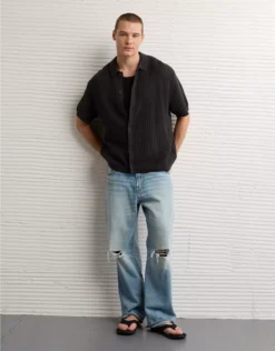 AE Weekend Button-Up Sweater Polo Shirt Faded Black