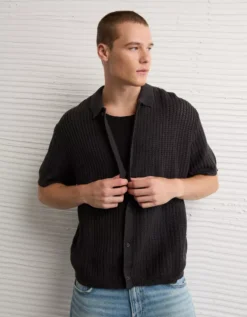 AE Weekend Button-Up Sweater Polo Shirt Faded Black -American Eagle Fashion 1148 2107 094 os