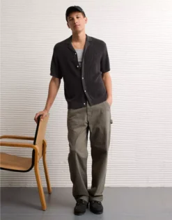 AE Shaker Button-Up Sweater Polo Shirt Faded Black