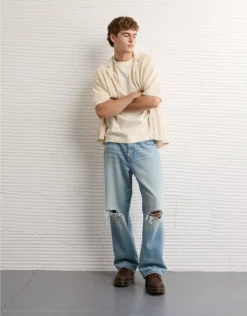 AE Shaker Button-Up Sweater Polo Shirt Cream