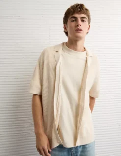 AE Shaker Button-Up Sweater Polo Shirt Cream -American Eagle Fashion 1148 2149 106 os