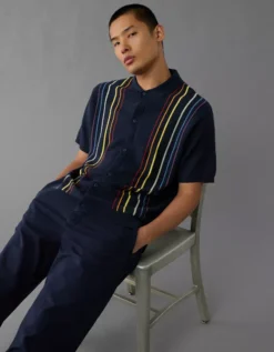 AE Pride Weekend Button-Up Sweater Polo Shirt Navy -American Eagle Fashion 1149 1881 410 d2