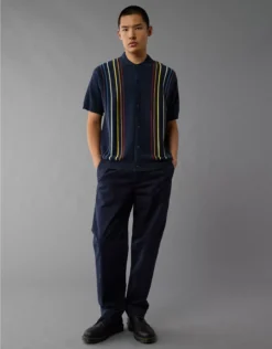 AE Pride Weekend Button-Up Sweater Polo Shirt Navy