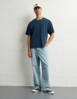 AE Boxy Sueded Football T-Shirt Navy -American Eagle Fashion 1164 4364 410 os