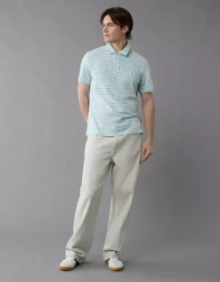 AE 24/7 Club Logo Striped Polo Shirt Cream -American Eagle Fashion 1165 4341 106 os