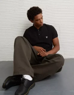 AE Lived-In Slim Fit Pique Polo Shirt Black -American Eagle Fashion 1165 4363 001 d2