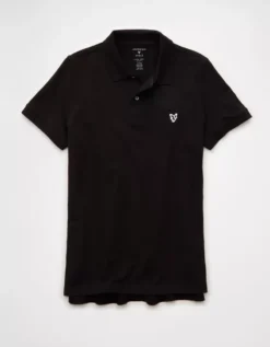 AE Lived-In Slim Fit Pique Polo Shirt Black -American Eagle Fashion 1165 4363 001 f