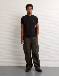 AE Lived-In Slim Fit Pique Polo Shirt Black -American Eagle Fashion 1165 4363 001 os