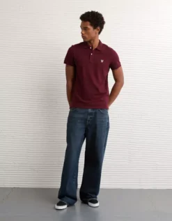 AE Lived-In Slim Fit Pique Polo Shirt Burgundy -American Eagle Fashion 1165 4363 613 os