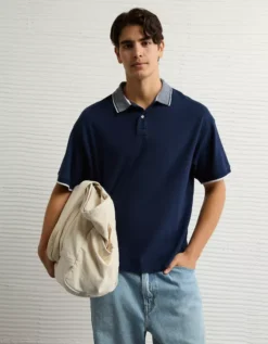 AE Boxy Stretch Pique Polo Shirt Navy -American Eagle Fashion 1165 4548 410 os