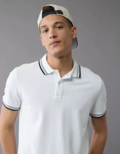AE Lived-In Stretch Pique Slim Fit Tipped Polo Shirt White -American Eagle Fashion 1165 4613 100 d2