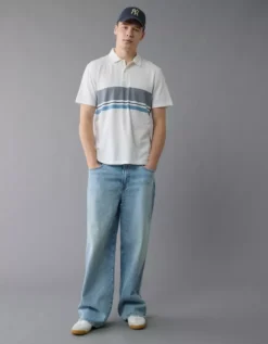 AE 24/7 Club Logo Striped Polo Shirt White -American Eagle Fashion 1165 4630 100 os