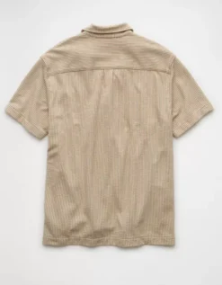 AE Seersucker Button-Up Camp Shirt Khaki -American Eagle Fashion 1174 4351 212 b