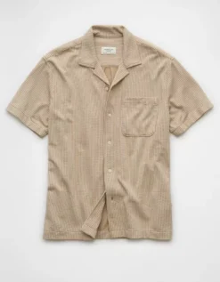 AE Seersucker Button-Up Camp Shirt Khaki -American Eagle Fashion 1174 4351 212 f