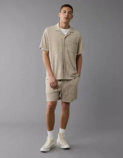 AE Seersucker Button-Up Camp Shirt Khaki -American Eagle Fashion 1174 4351 212 os