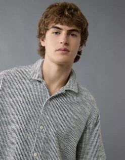 AE Textured Button-Up Camp Shirt Navy -American Eagle Fashion 1174 4483 410 d2