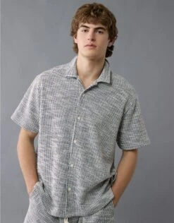 AE Textured Button-Up Camp Shirt Navy