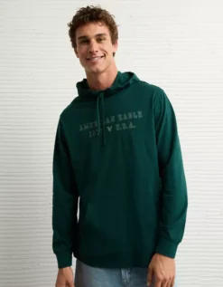 AE Lightweight Icon Logo Graphic Hoodie T-Shirt Green -American Eagle Fashion 1175 4674 300 os