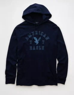 AE Lightweight Icon Logo Graphic Hoodie T-Shirt Rich Navy -American Eagle Fashion 1175 4674 405 f