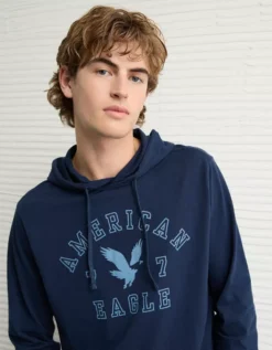AE Lightweight Icon Logo Graphic Hoodie T-Shirt Rich Navy -American Eagle Fashion 1175 4674 405 os
