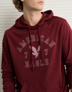 AE Lightweight Icon Logo Graphic Hoodie T-Shirt Wine -American Eagle Fashion 1175 4674 558 d2
