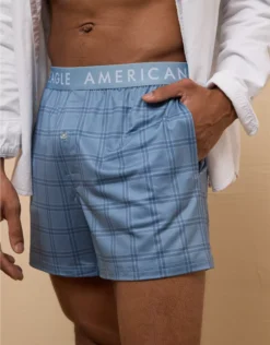 AEO Men's Plaid Ultra Soft Pocket Boxer Short Blue Mist